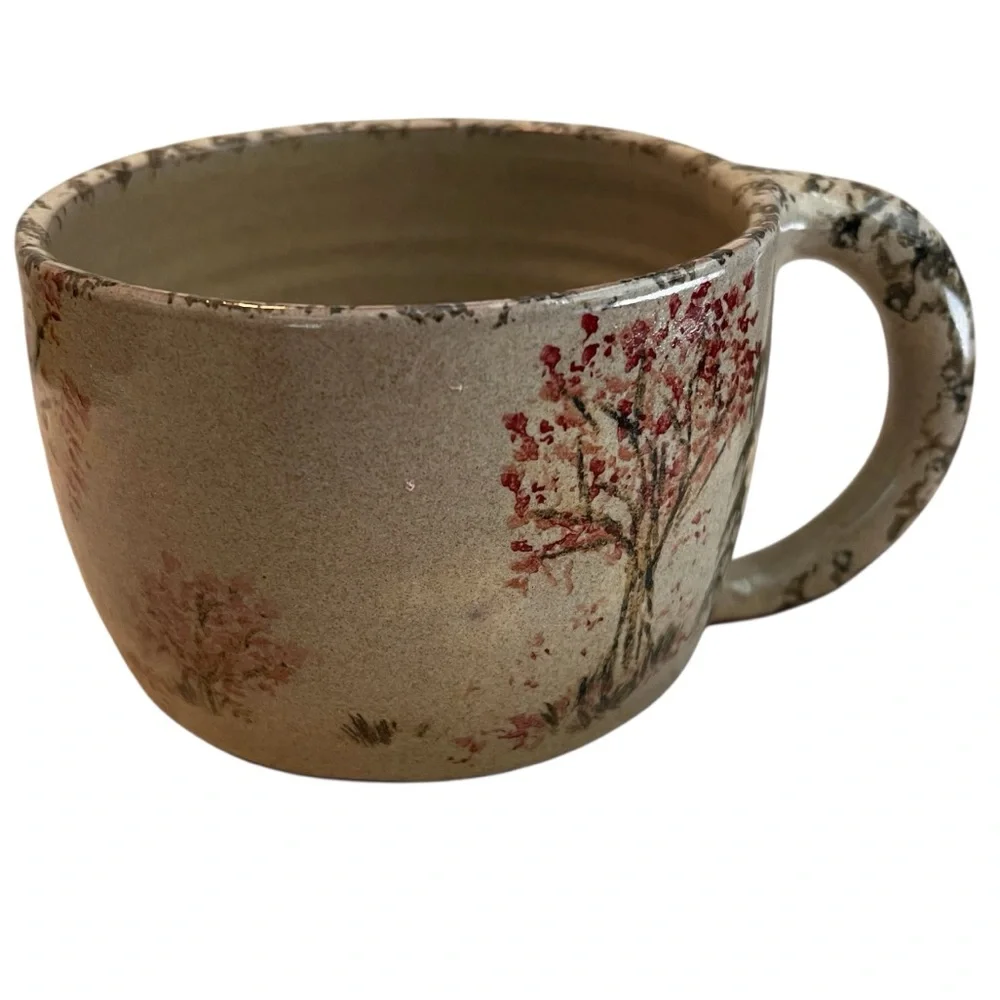 2001 Pigeon Switch Pottery Bowl with Handle Large Mug Trees Nature Hand Painted